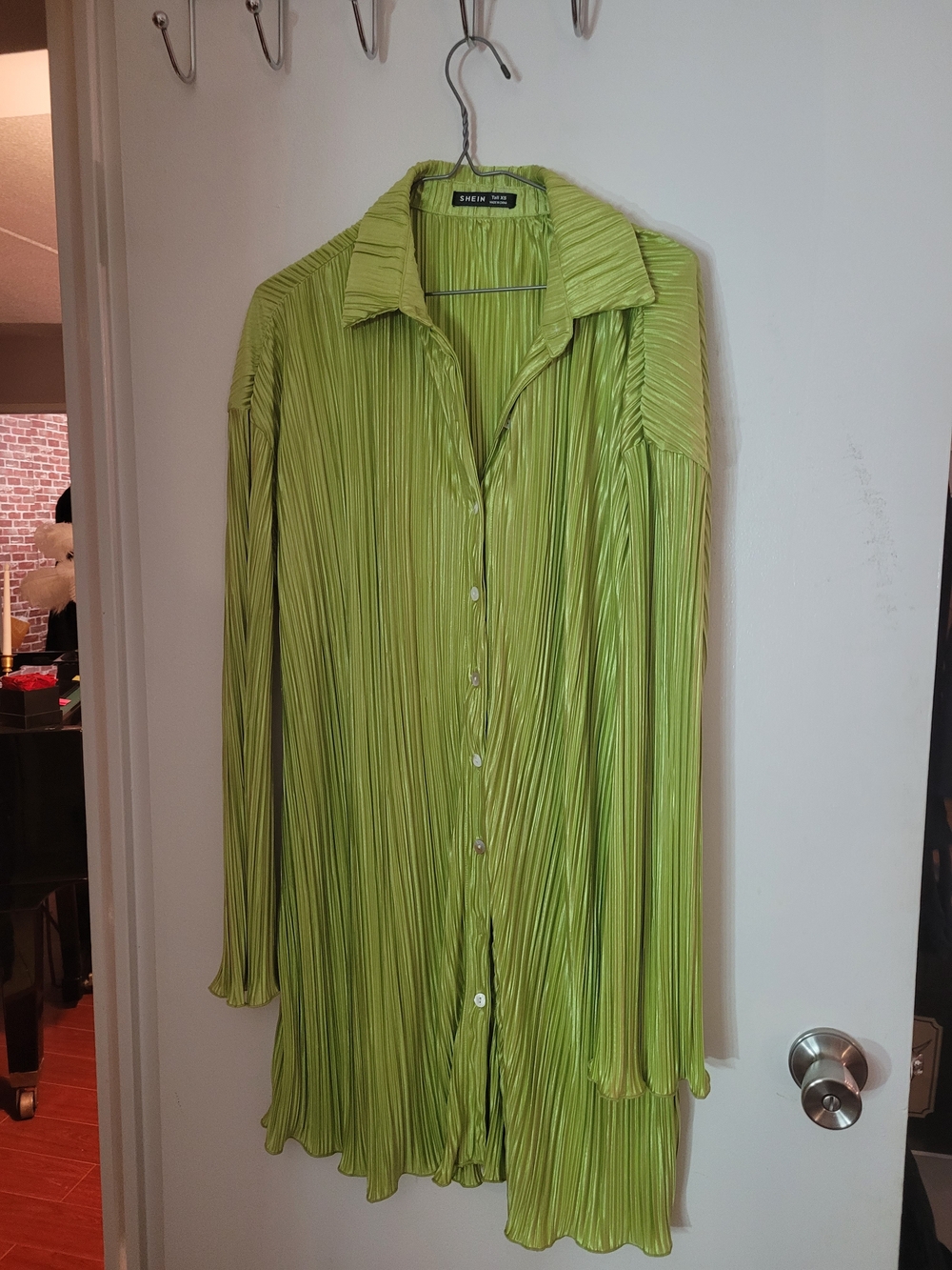 Pleated Long Button-Down Shirt Dress in Lime Green
